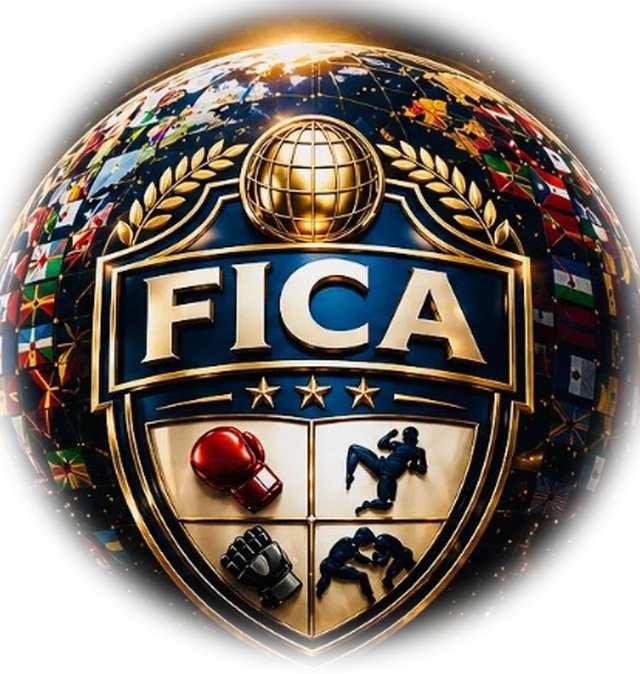 The FICA crest: a gold shield over a globe of national flags, quartered with boxing, MMA, kickboxing and wrestling emblems.